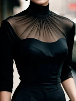 Elegant Plain Split Joint Turtleneck Blouse