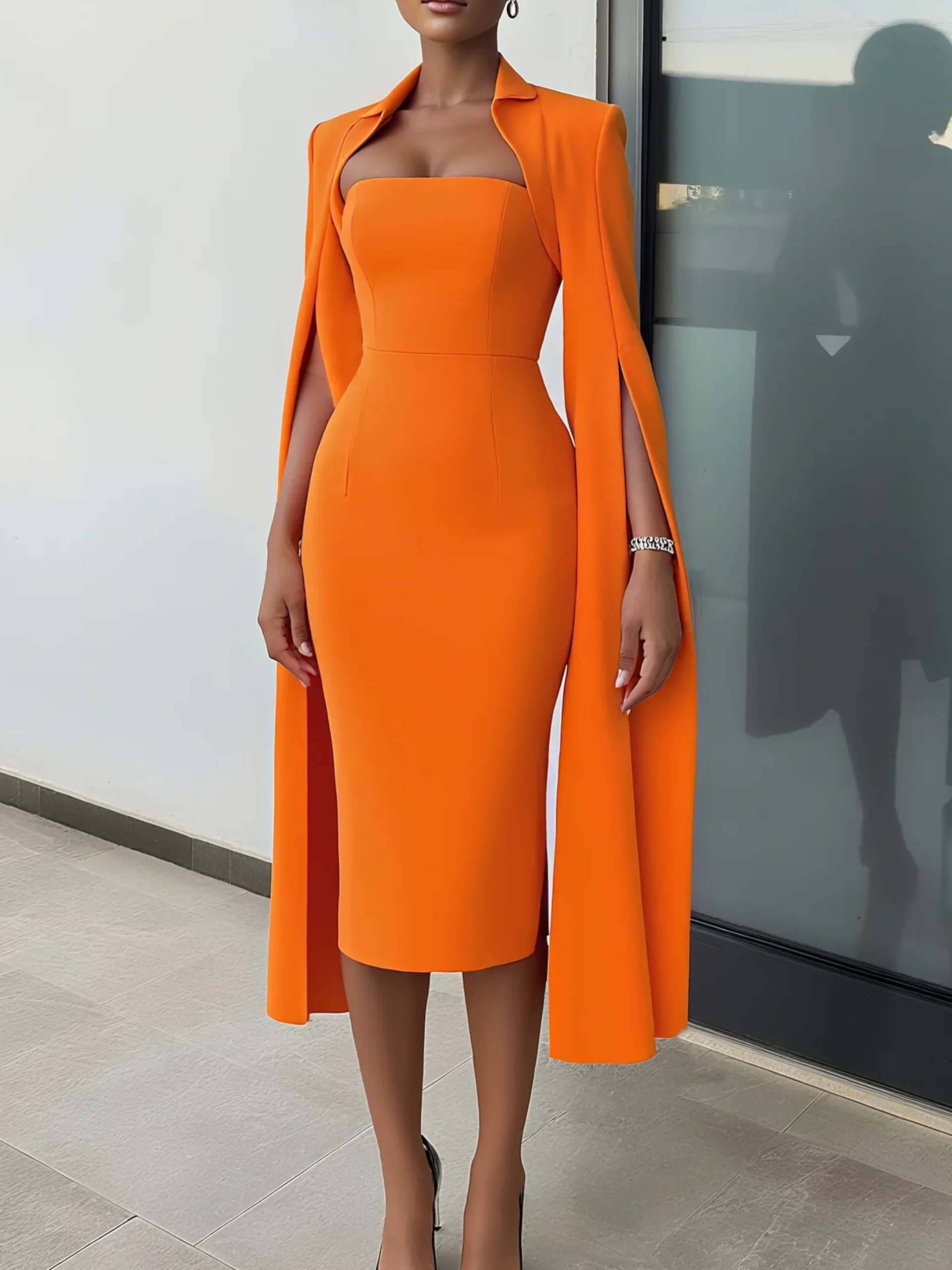 Elegant Plain Split Sleeves Shawl Collar Midi Dress