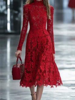 Elegant Plain Stand Collar Midi Dress