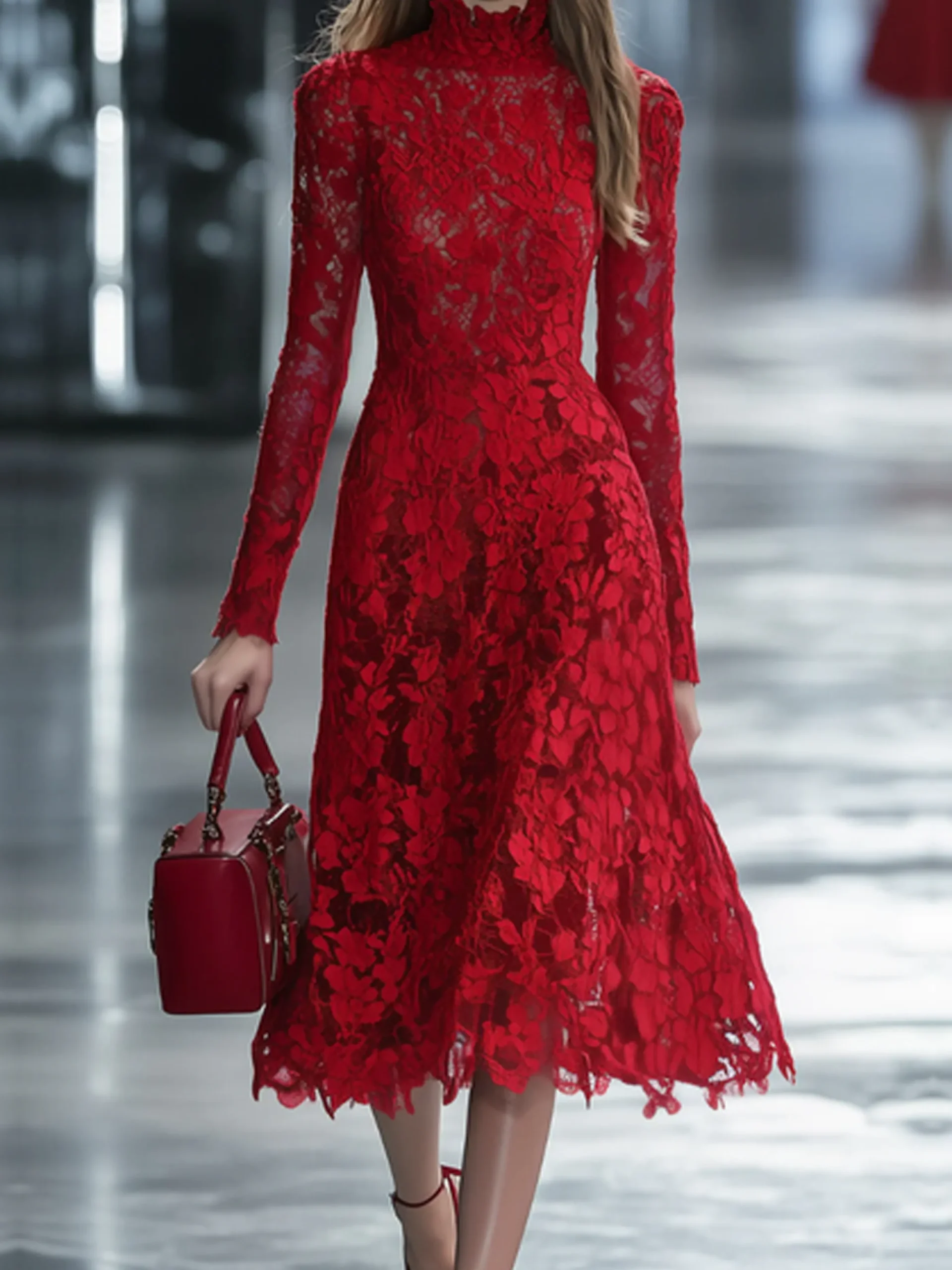 Elegant Plain Stand Collar Midi Dress