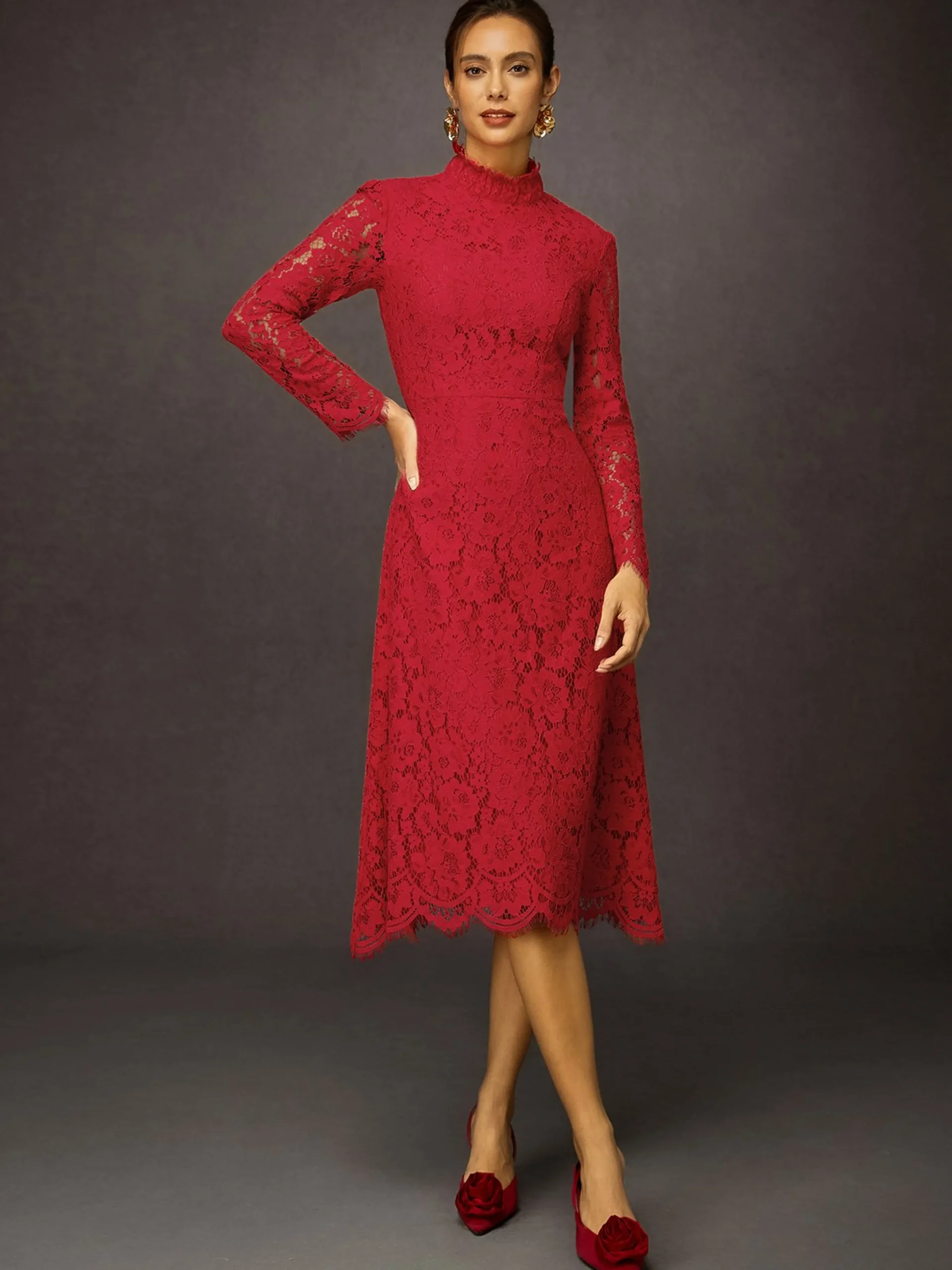 Elegant Plain Stand Collar Midi Dress