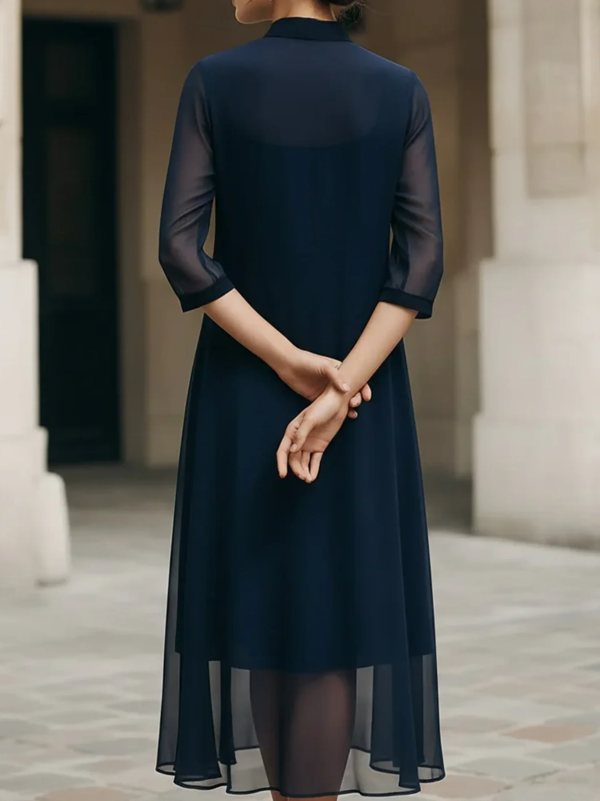 Elegant Plain V Neck Midi Dress