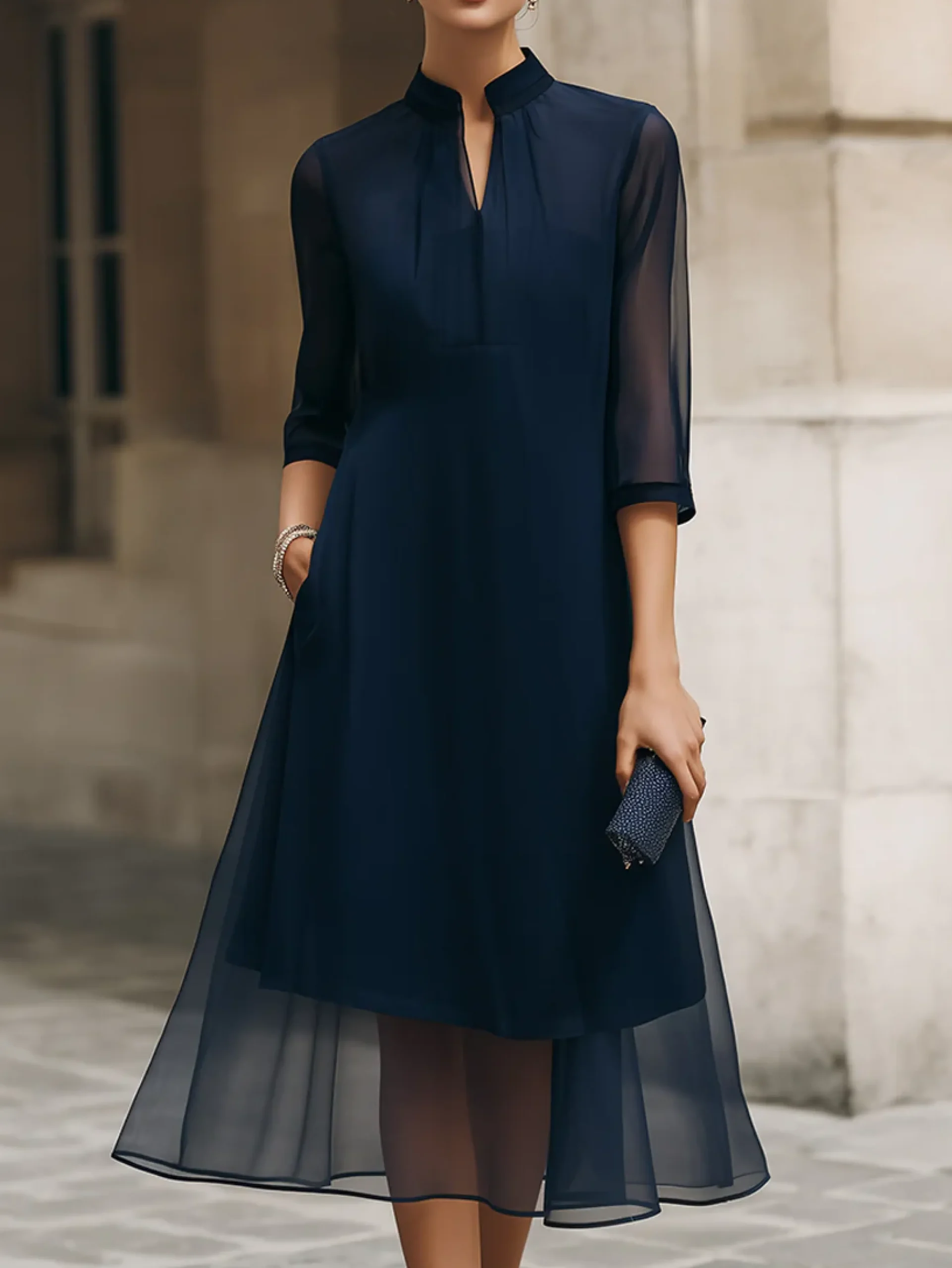 Elegant Plain V Neck Midi Dress