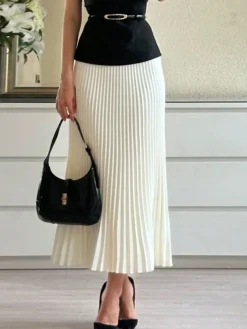 Elegant Pleated Plain Midi Skirt