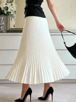 Elegant Pleated Plain Midi Skirt