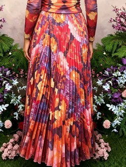 Elegant Pleated Random Print Maxi Skirt