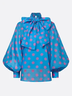 Elegant Polka Dot Balloon Sleeve Blouse Crew Neck Summer Top