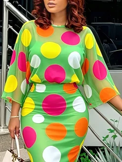 Elegant Polka Dots Printing Crew Neck Blouse