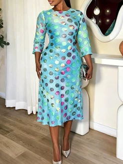 Elegant Polka Dots Printing Crew Neck Midi Dress