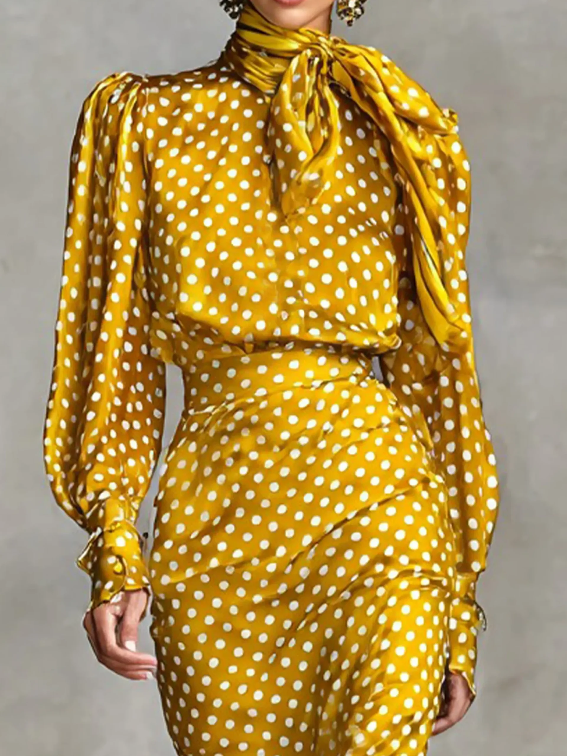 Elegant Polka Dots Printing Lace-up Crew Neck Blouse
