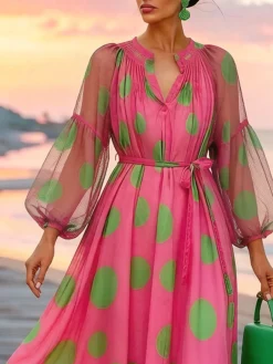 Elegant Polka Dots Printing Midi Dress With Belt