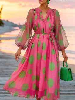 Elegant Polka Dots Printing Midi Dress With Belt