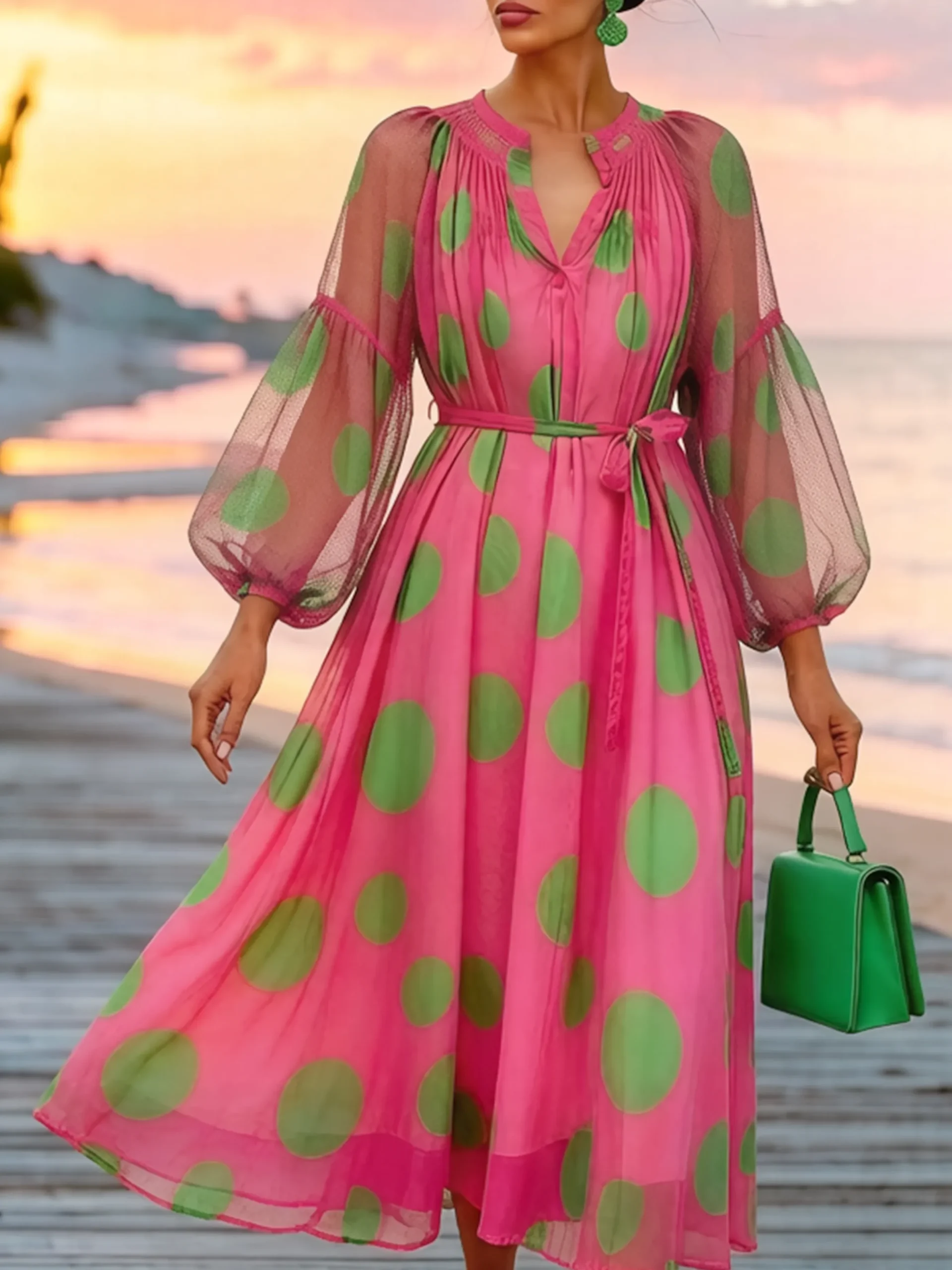 Elegant Polka Dots Printing Midi Dress With Belt