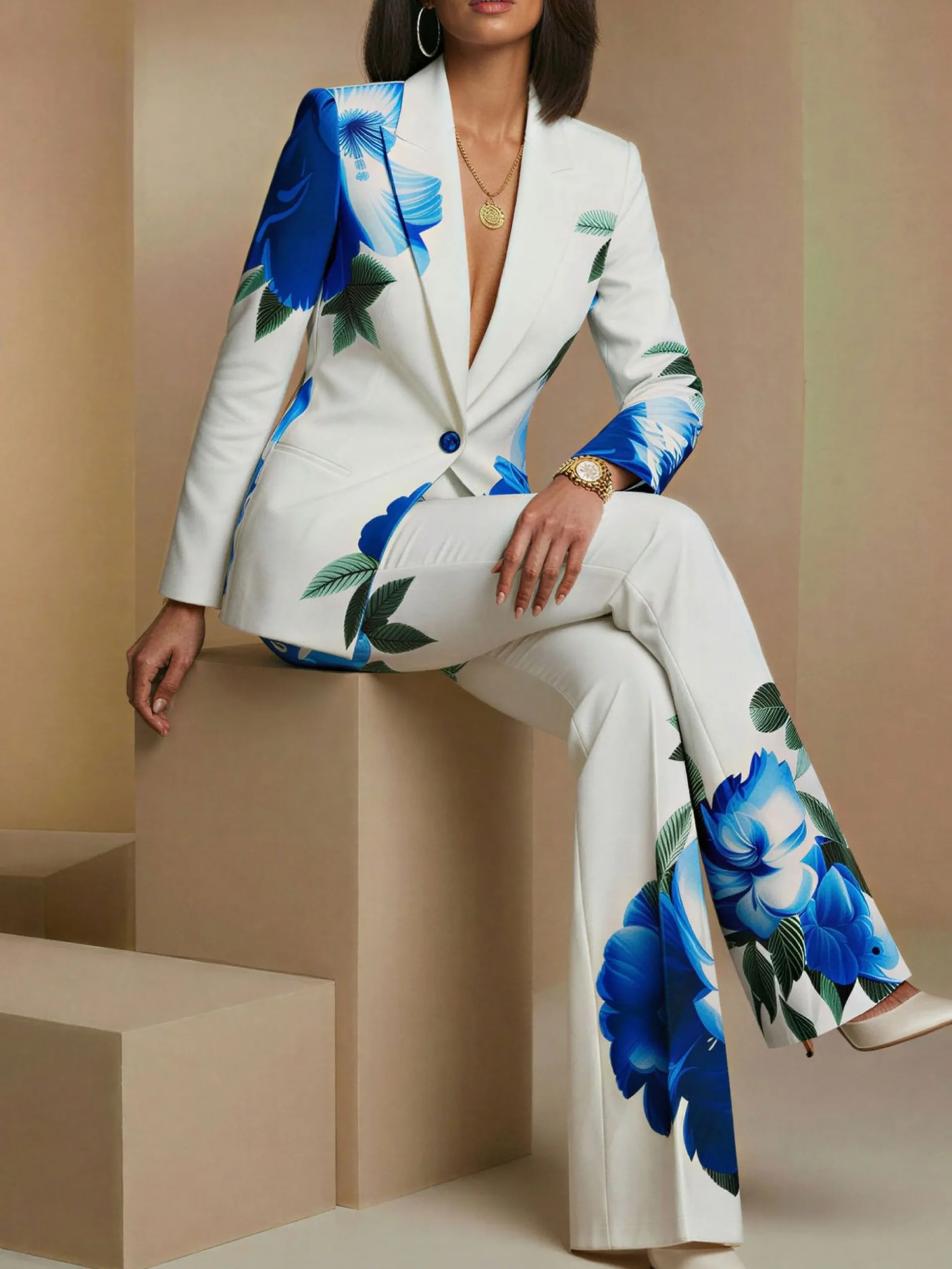 Elegant Printing Floral Lapel Collar Blazer