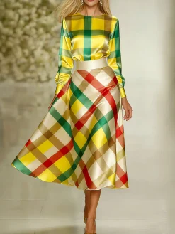 Elegant Printing Plaid Midi Skirt