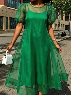 Elegant Puff Sleeve Two-Piece Midi Dress