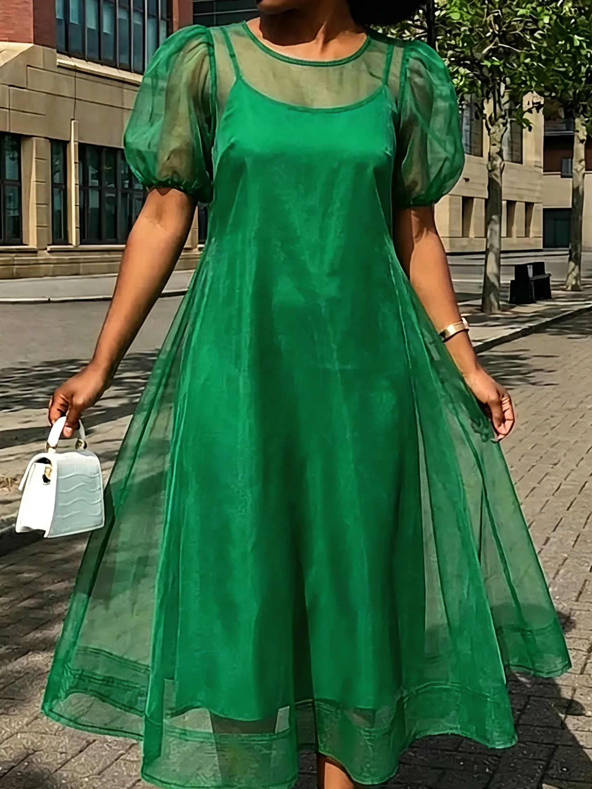 Elegant Puff Sleeve Two-Piece Midi Dress