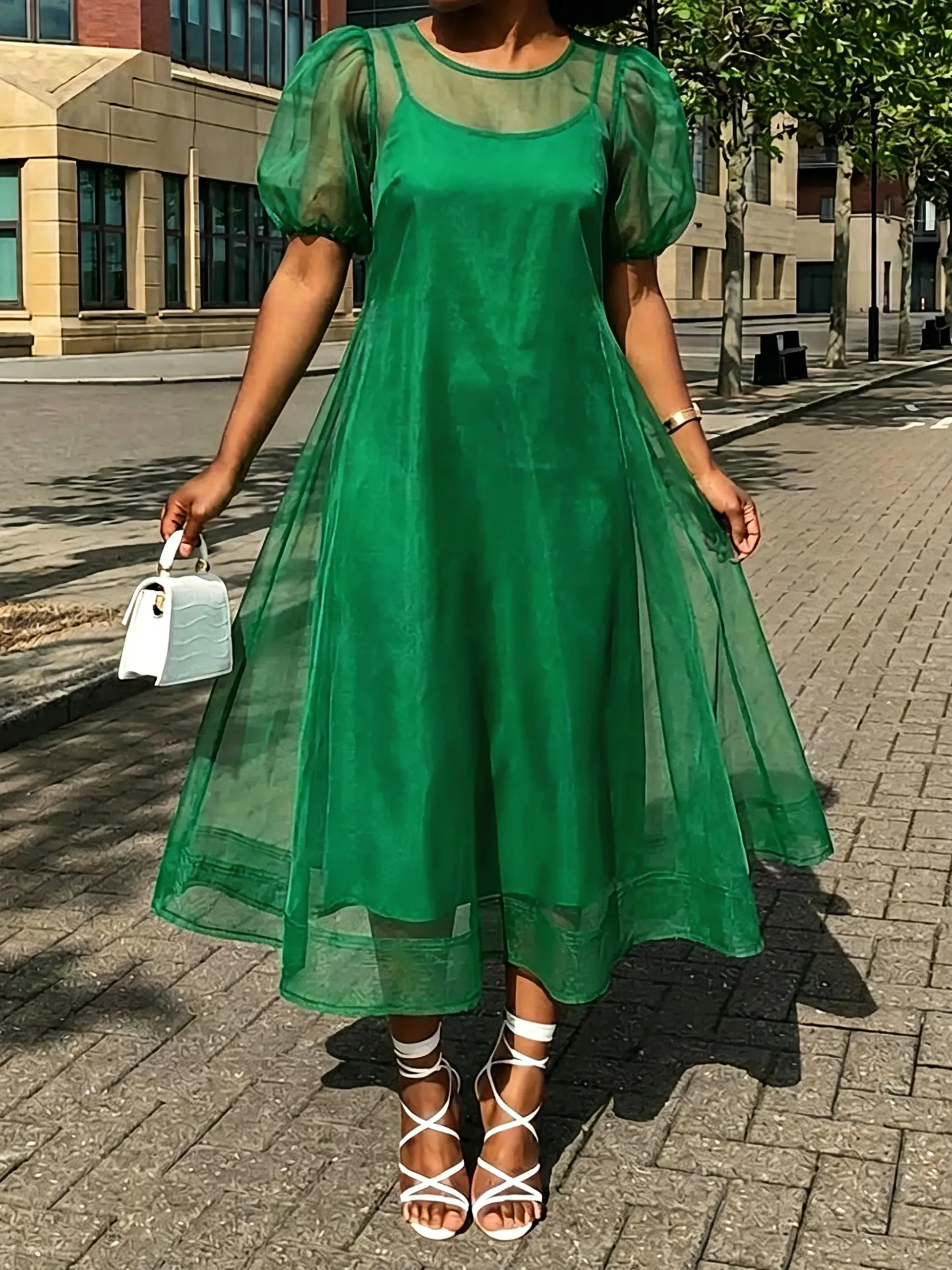 Elegant Puff Sleeve Two-Piece Midi Dress