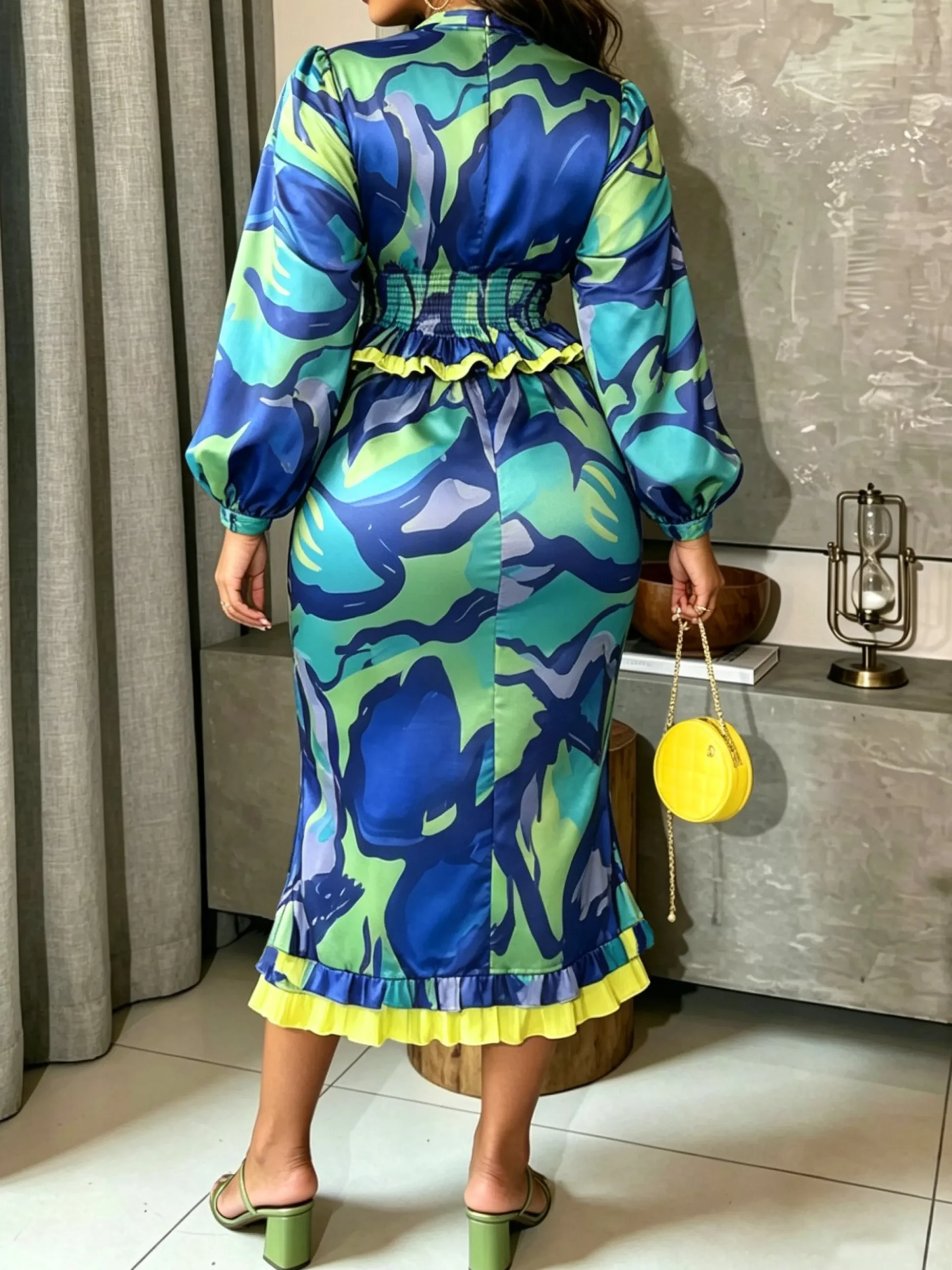 Elegant Random Print Printing Balloon Sleeve Blouse