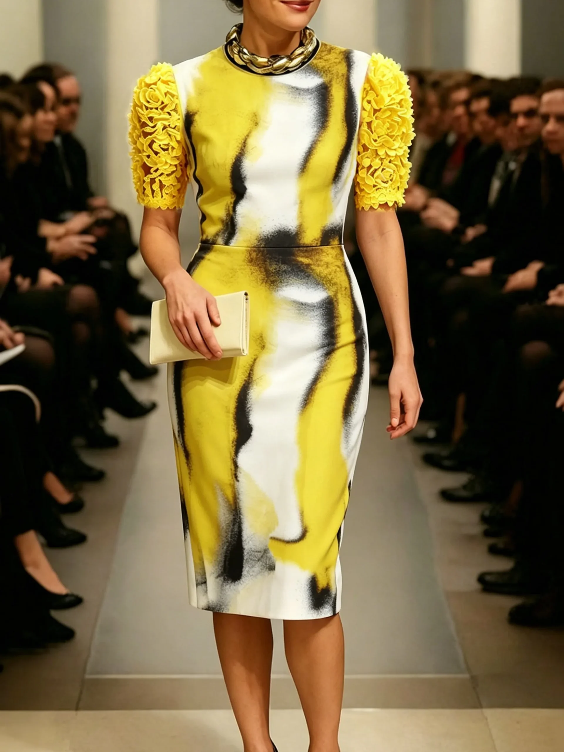 Elegant Random Print Printing Crew Neck Knee Length Dress