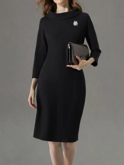 Elegant Regular Fit Stand Collar Plain Dress With Brooch