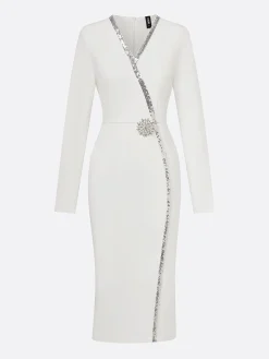 Elegant Rhinestone-Trim Midi Dress