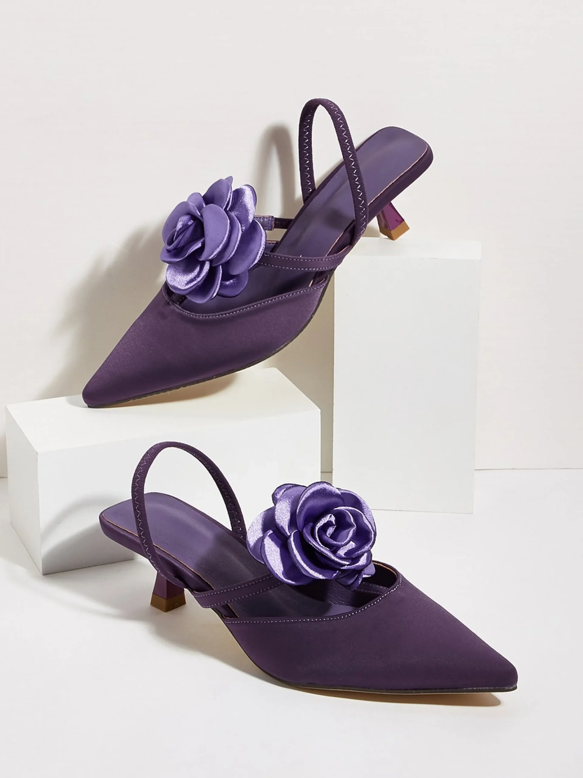 Elegant Rose Satin Kitten Heeled Slingback Pumps