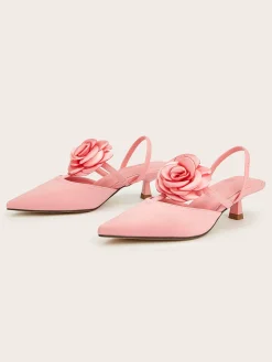 Elegant Rose Satin Kitten Heeled Slingback Pumps
