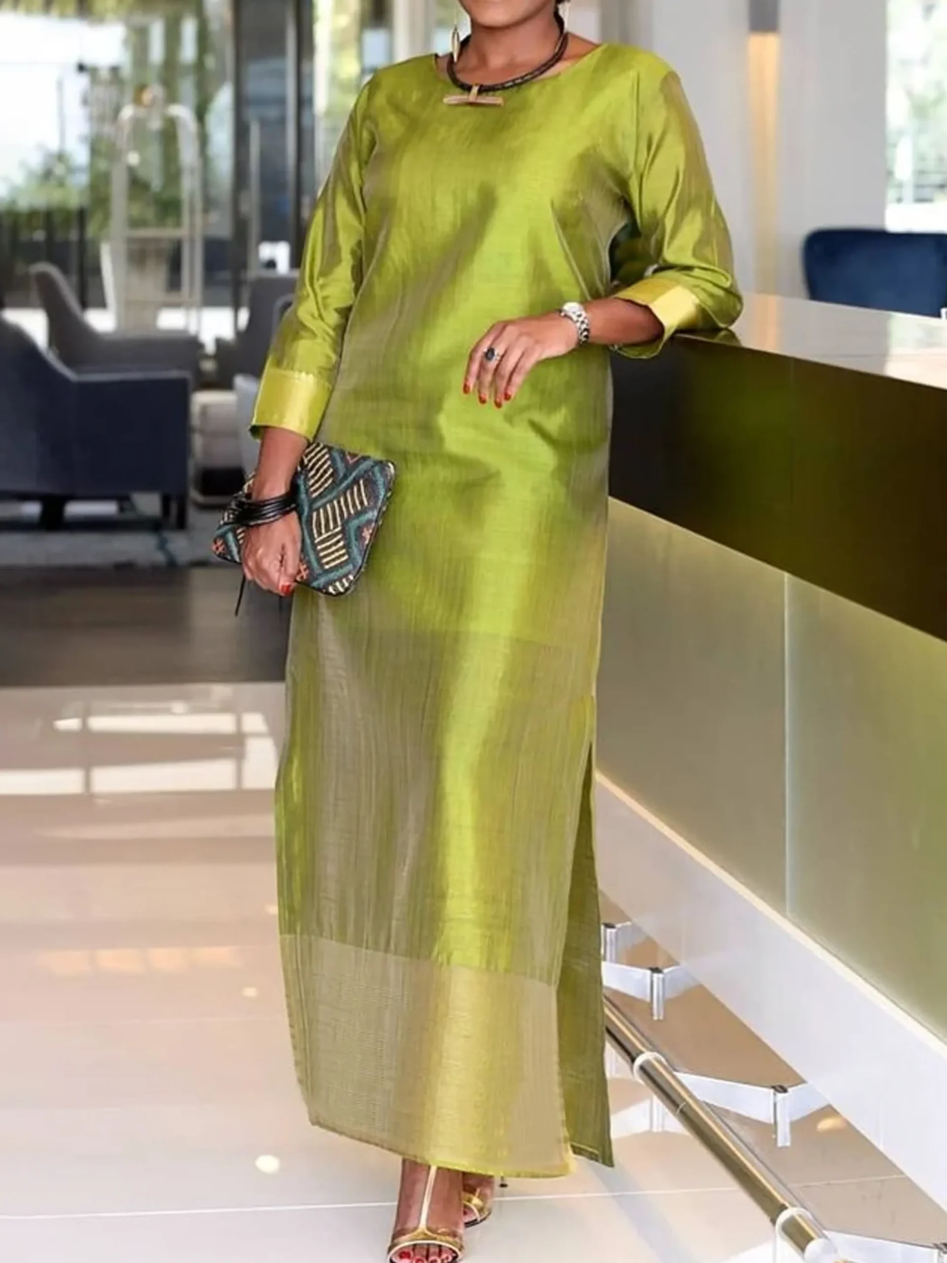 Elegant Satin Crew Neck Maxi Dress