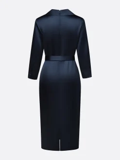 Elegant Satin Knee Length Shirt Dress 3/4 Sleeve Summer Party