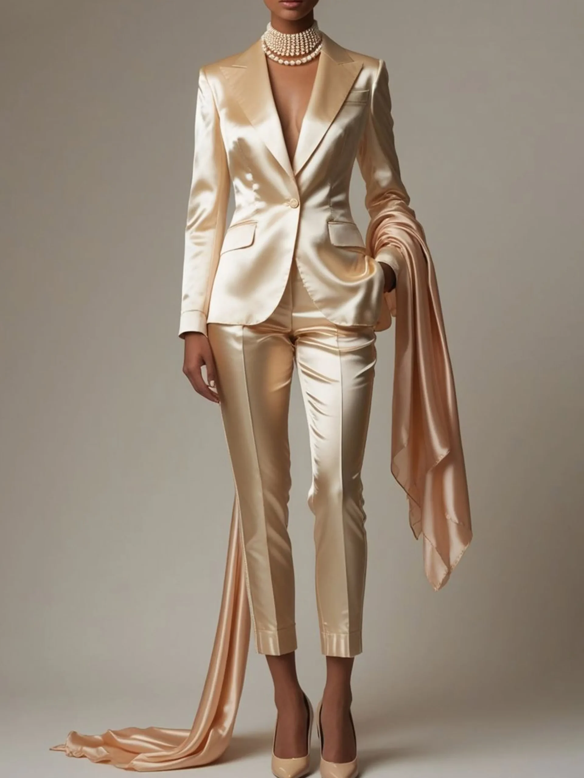 Elegant Satin Plain Lapel Collar Blazer No Scarf