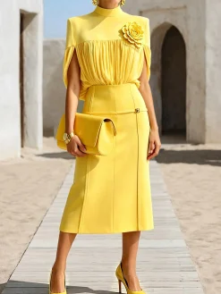 Elegant Solid Ruched Stand Collar Blouse for Party
