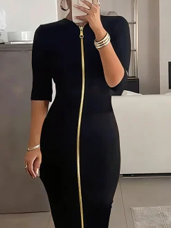 Elegant Solid Slim Fit Midi Dress