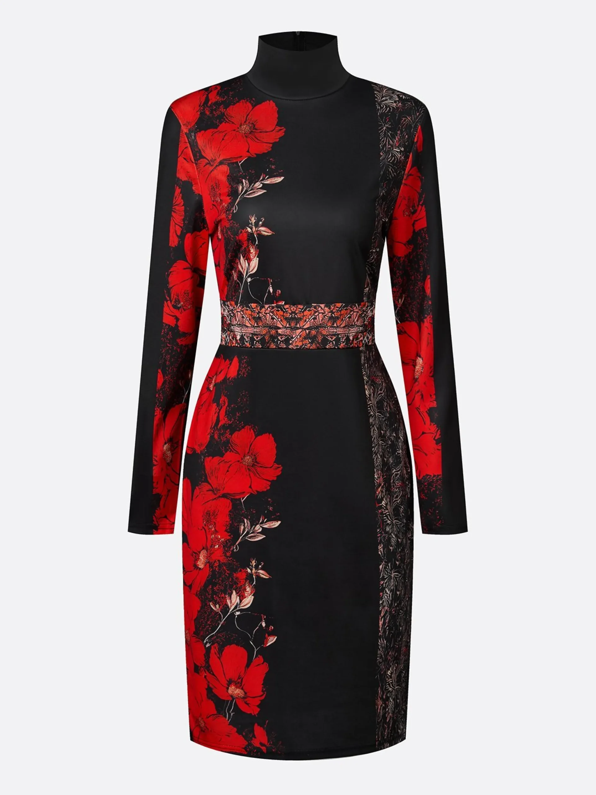 Elegant Stand Collar Jersey Midi Dress Long Sleeve