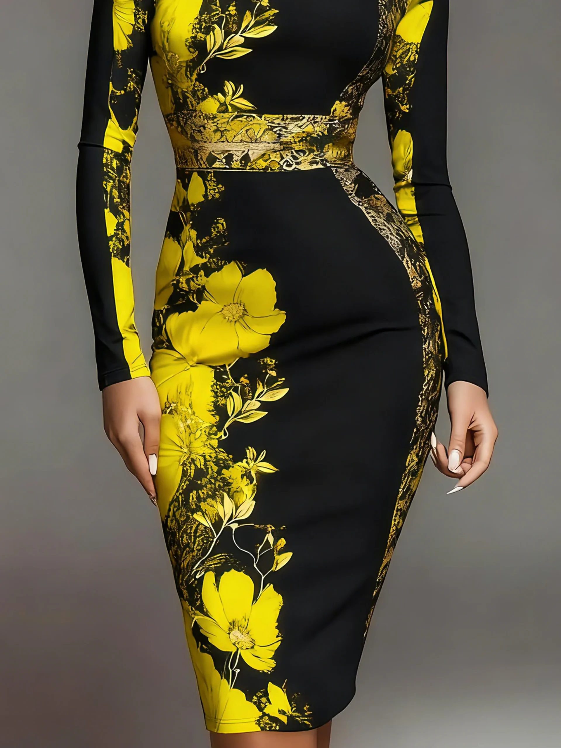 Elegant Stand Collar Jersey Midi Dress Long Sleeve