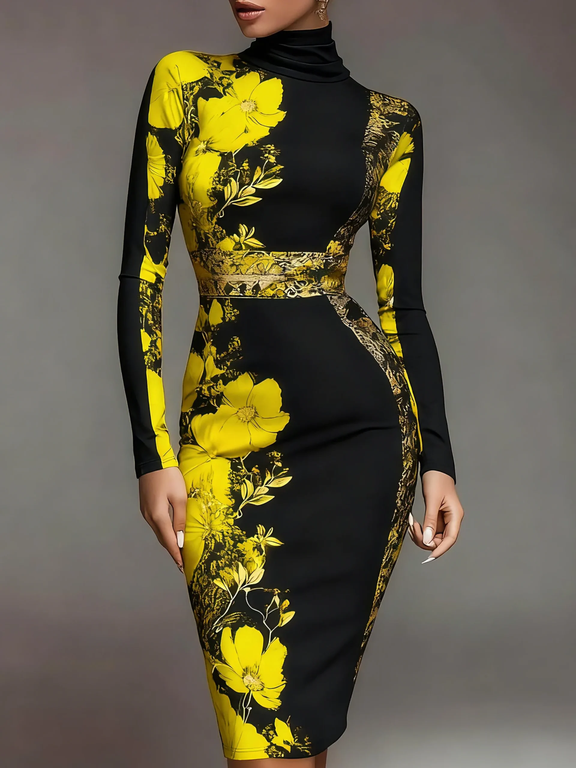 Elegant Stand Collar Jersey Midi Dress Long Sleeve