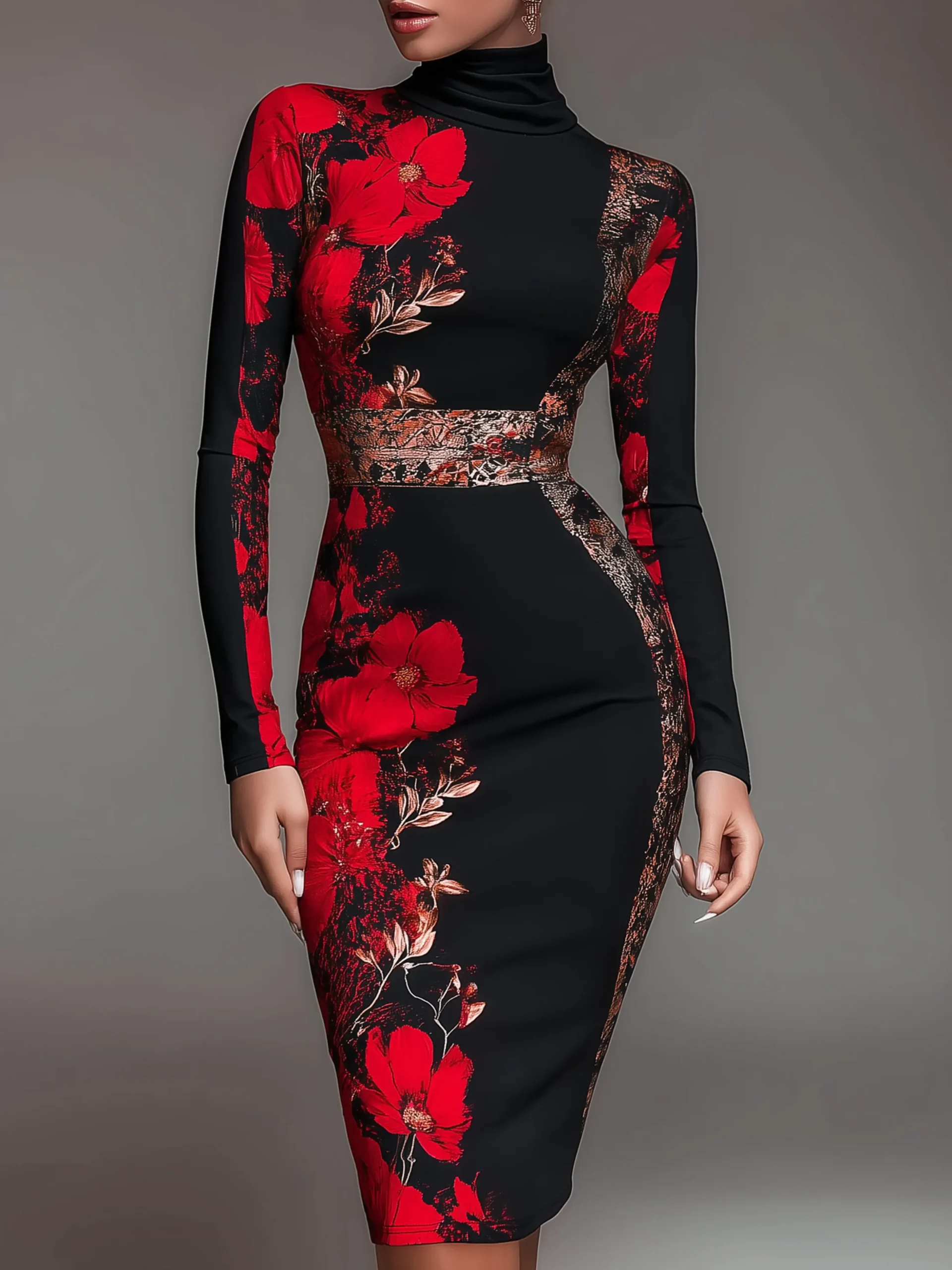 Elegant Stand Collar Jersey Midi Dress Long Sleeve
