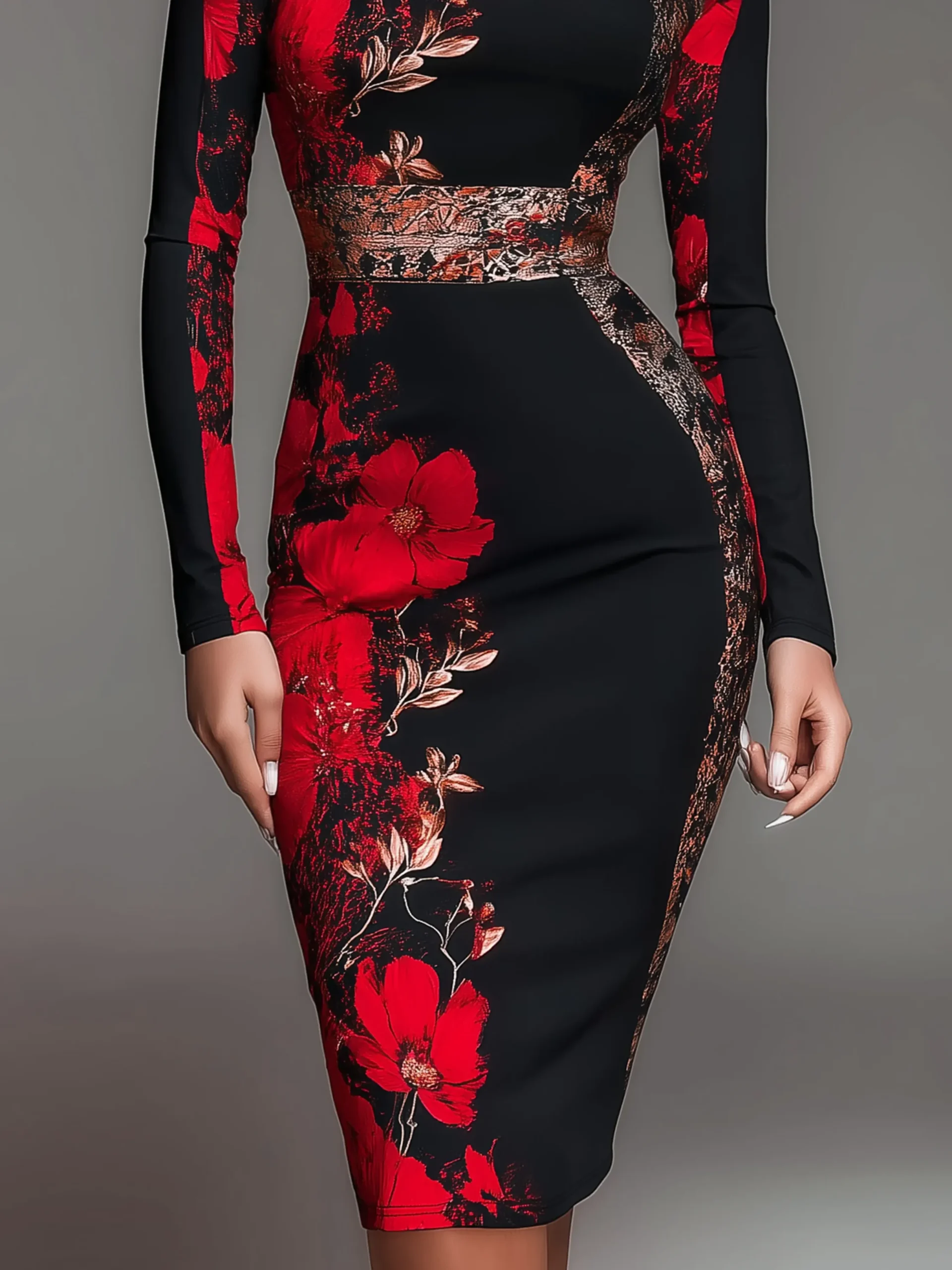 Elegant Stand Collar Jersey Midi Dress Long Sleeve