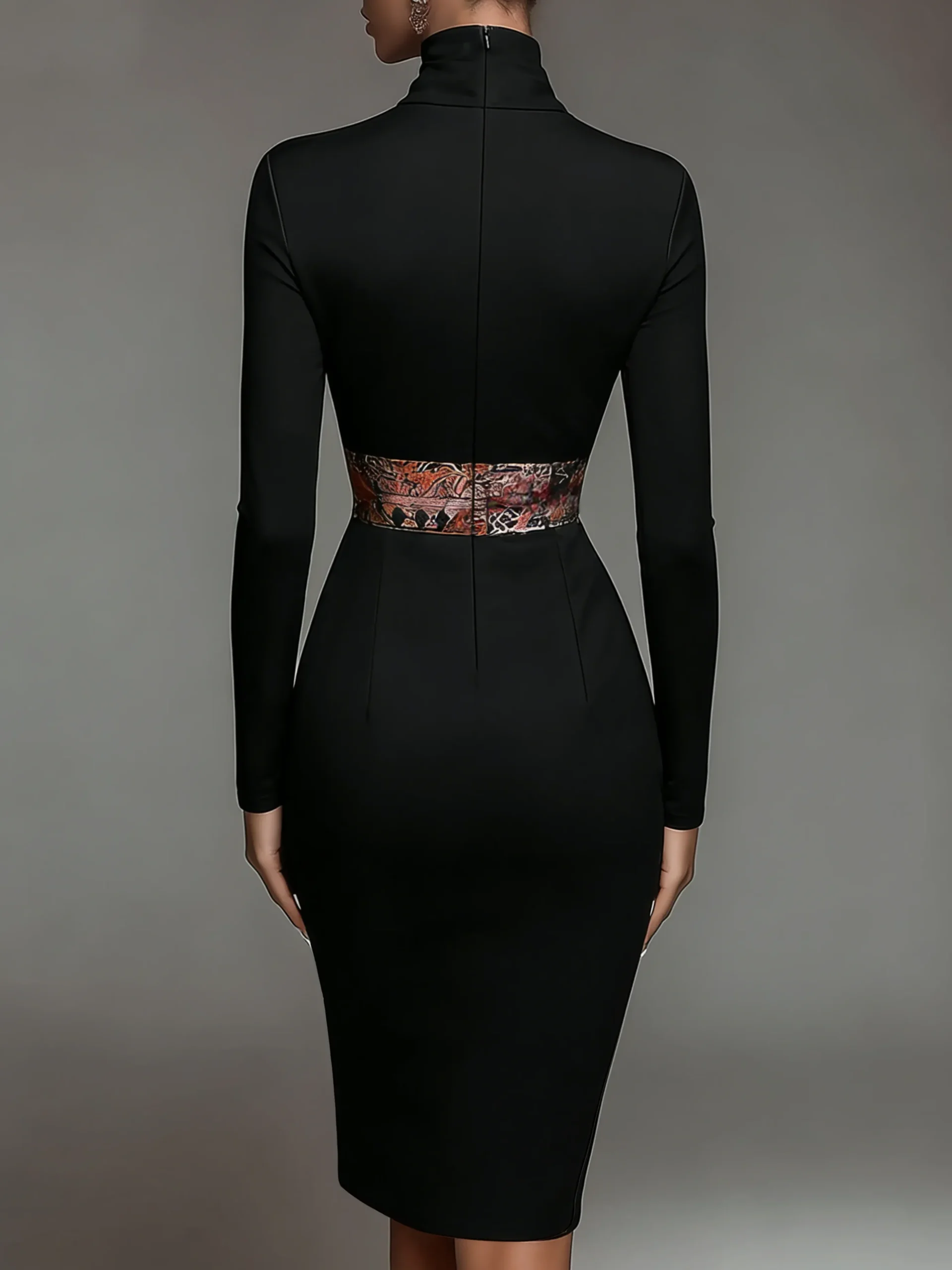 Elegant Stand Collar Jersey Midi Dress Long Sleeve