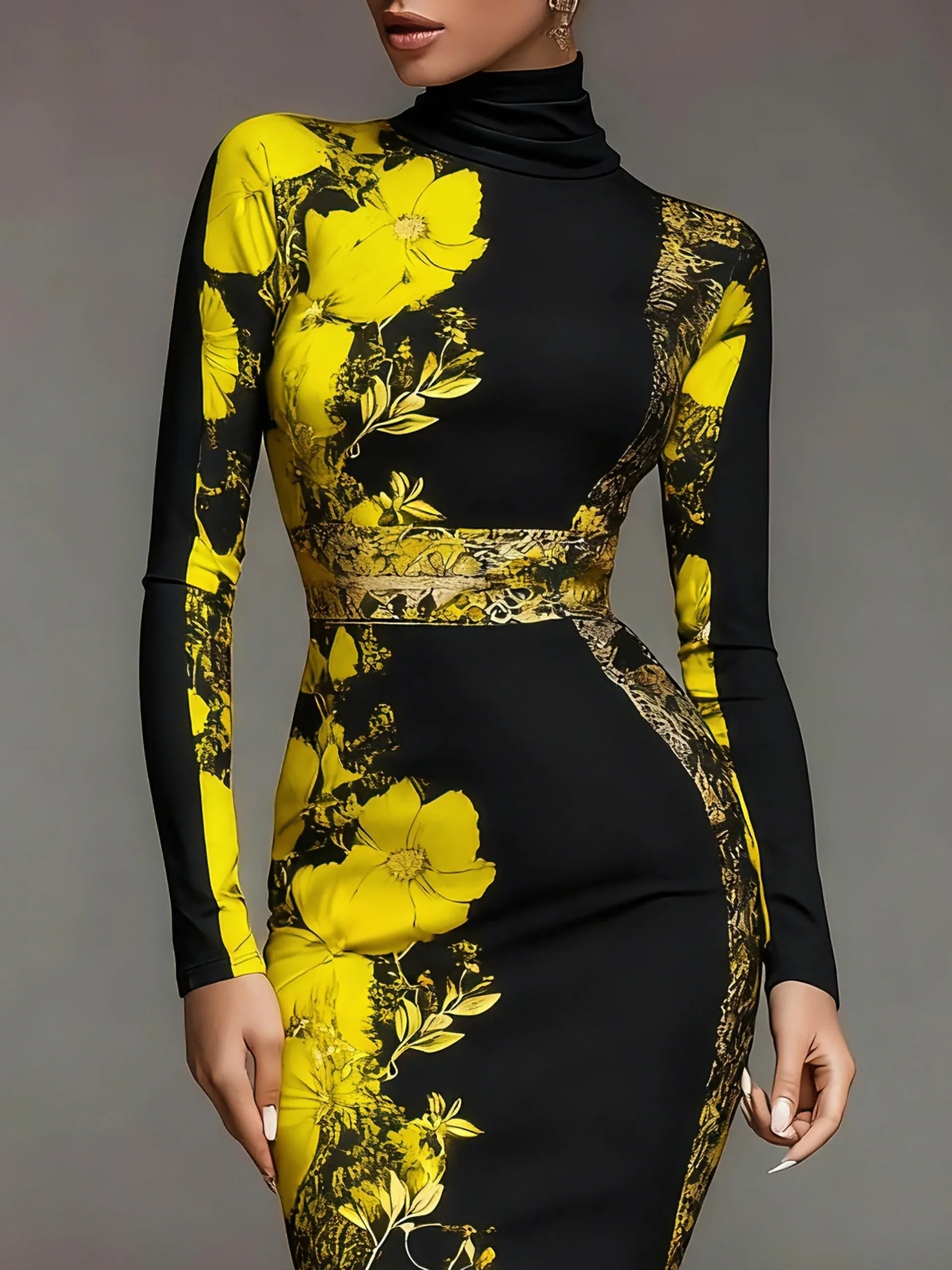 Elegant Stand Collar Jersey Midi Dress Long Sleeve