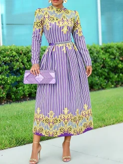 Elegant Striped Puff Sleeve Printing V Neck Midi Dress