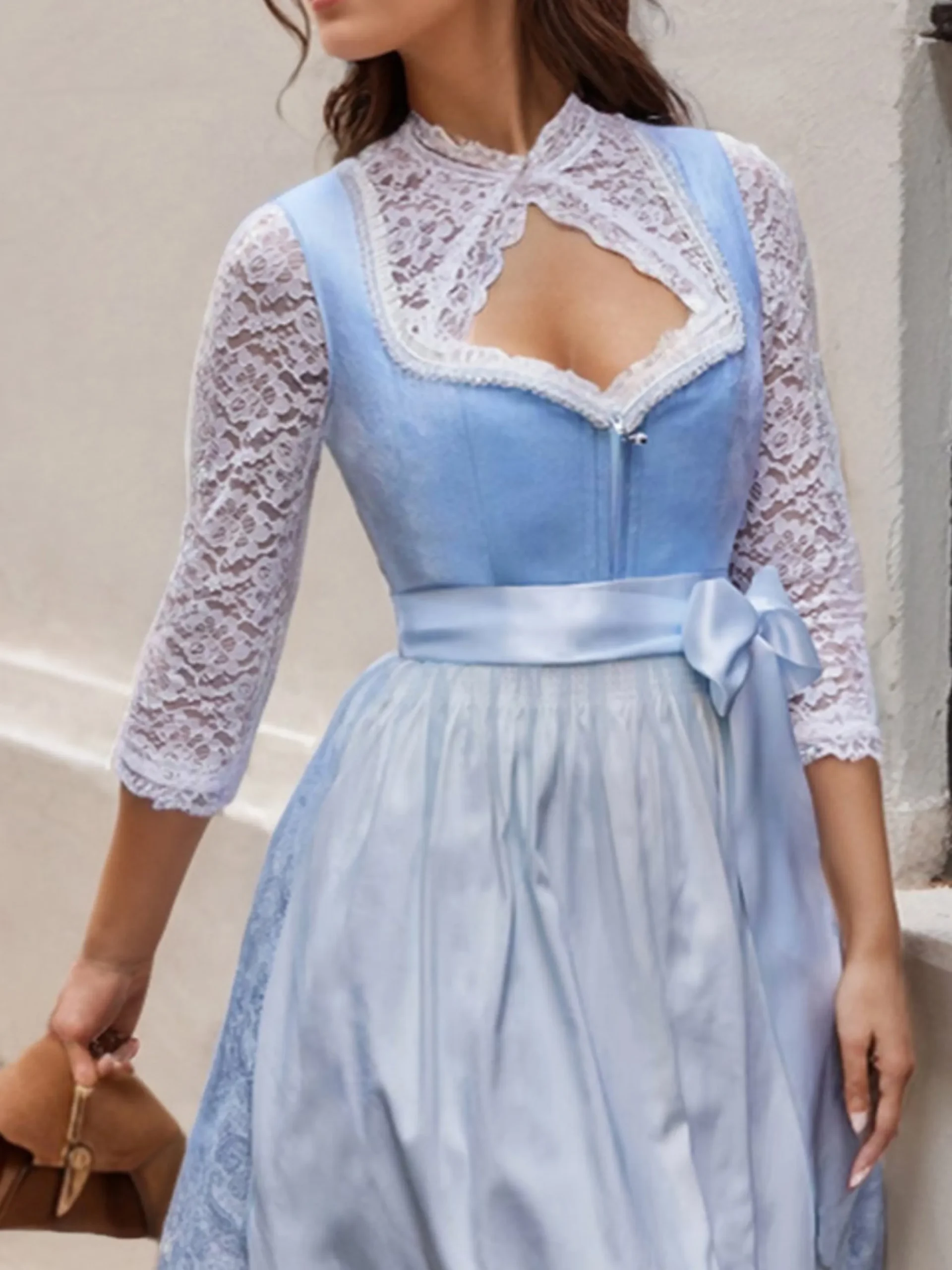 Elegant Velvet Lace Floral Dirndl Dress Three Piece