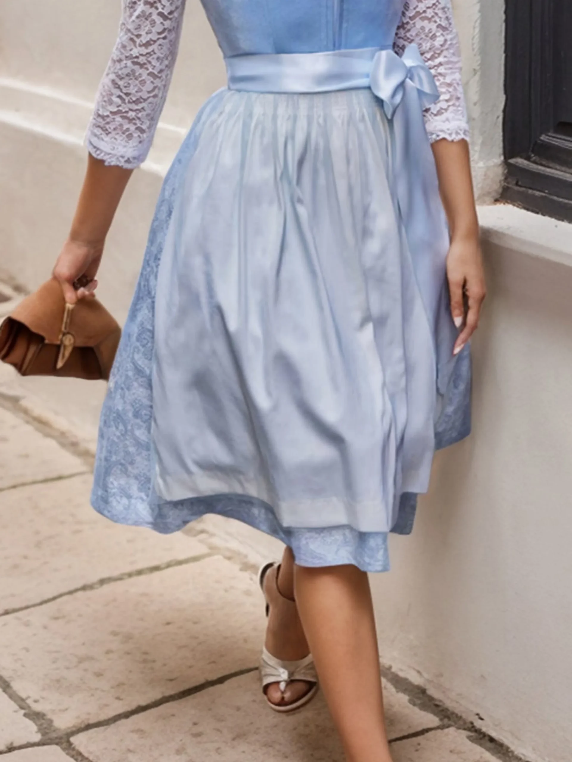 Elegant Velvet Lace Floral Dirndl Dress Three Piece