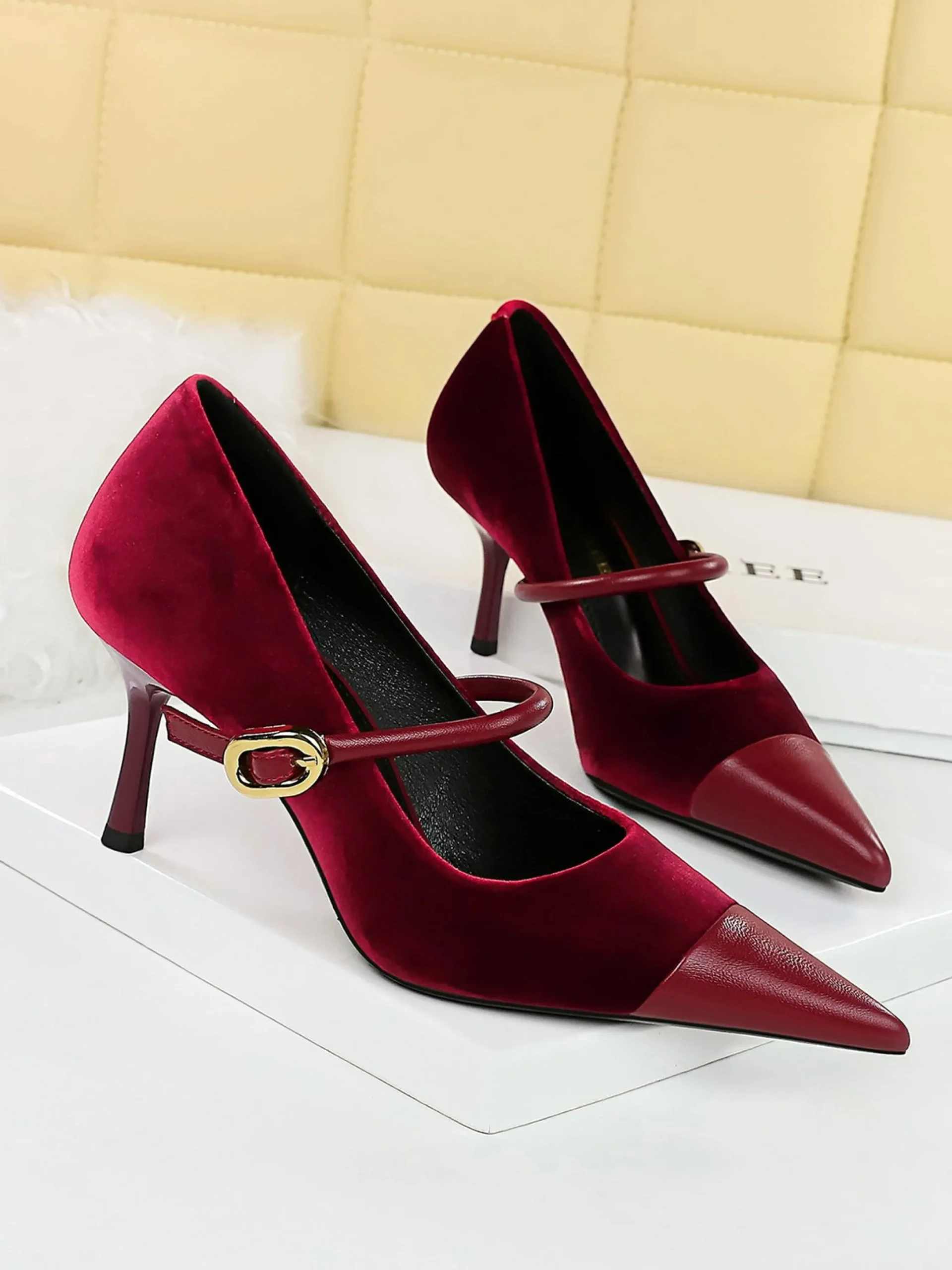 Elegant Velvet Paneled Adjustable Buckle Mary Jane Pumps