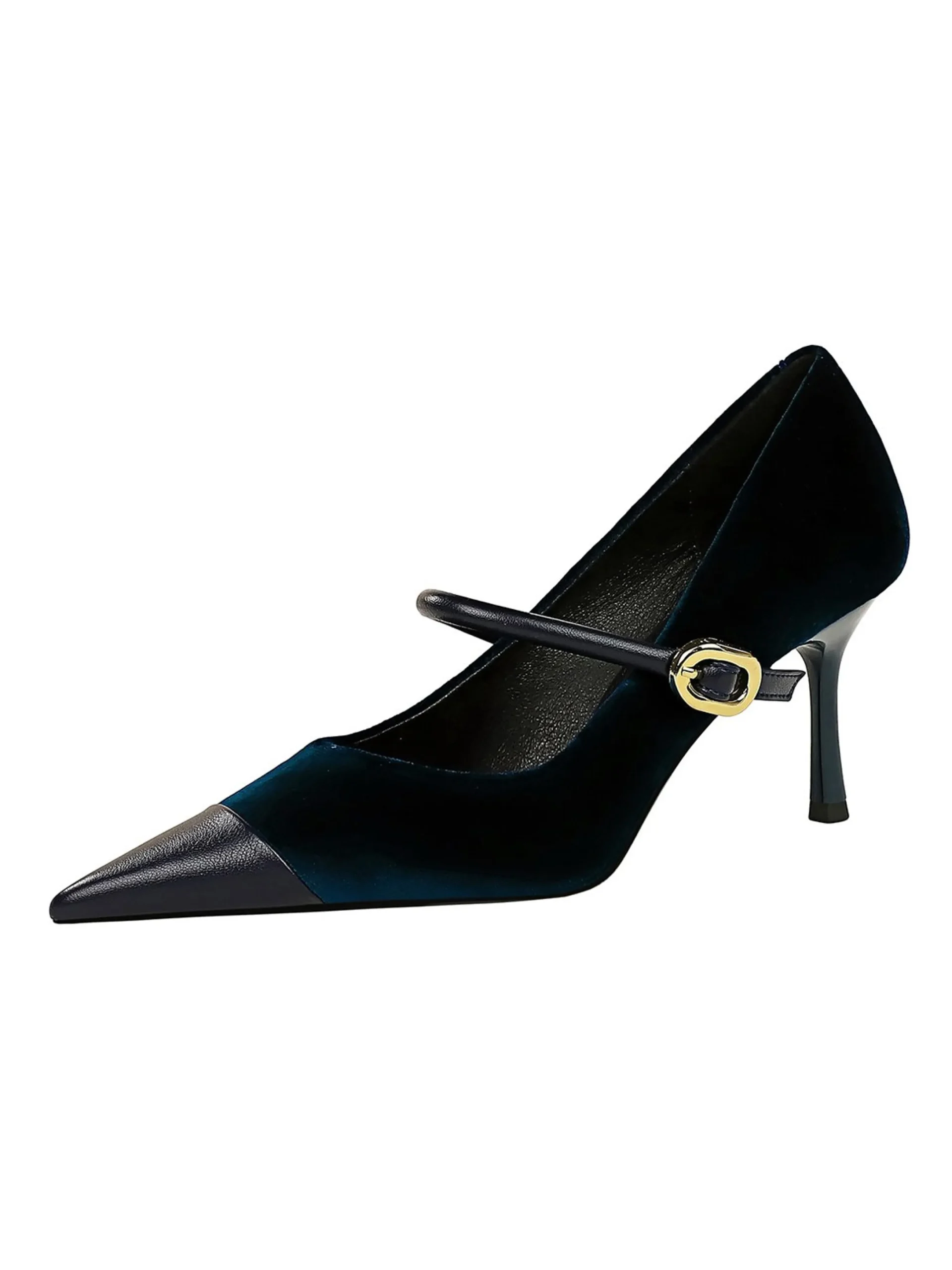 Elegant Velvet Paneled Adjustable Buckle Mary Jane Pumps