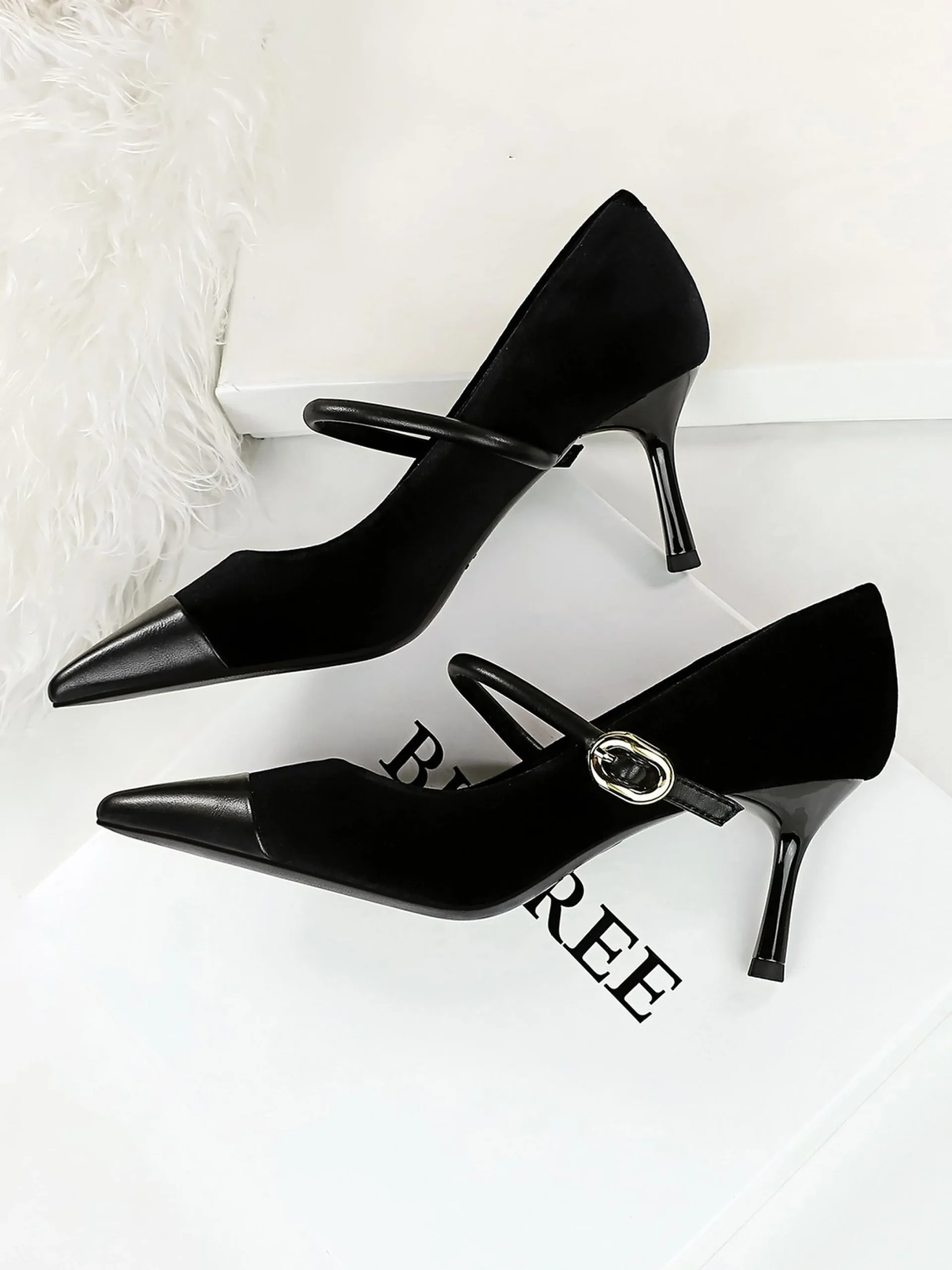 Elegant Velvet Paneled Adjustable Buckle Mary Jane Pumps