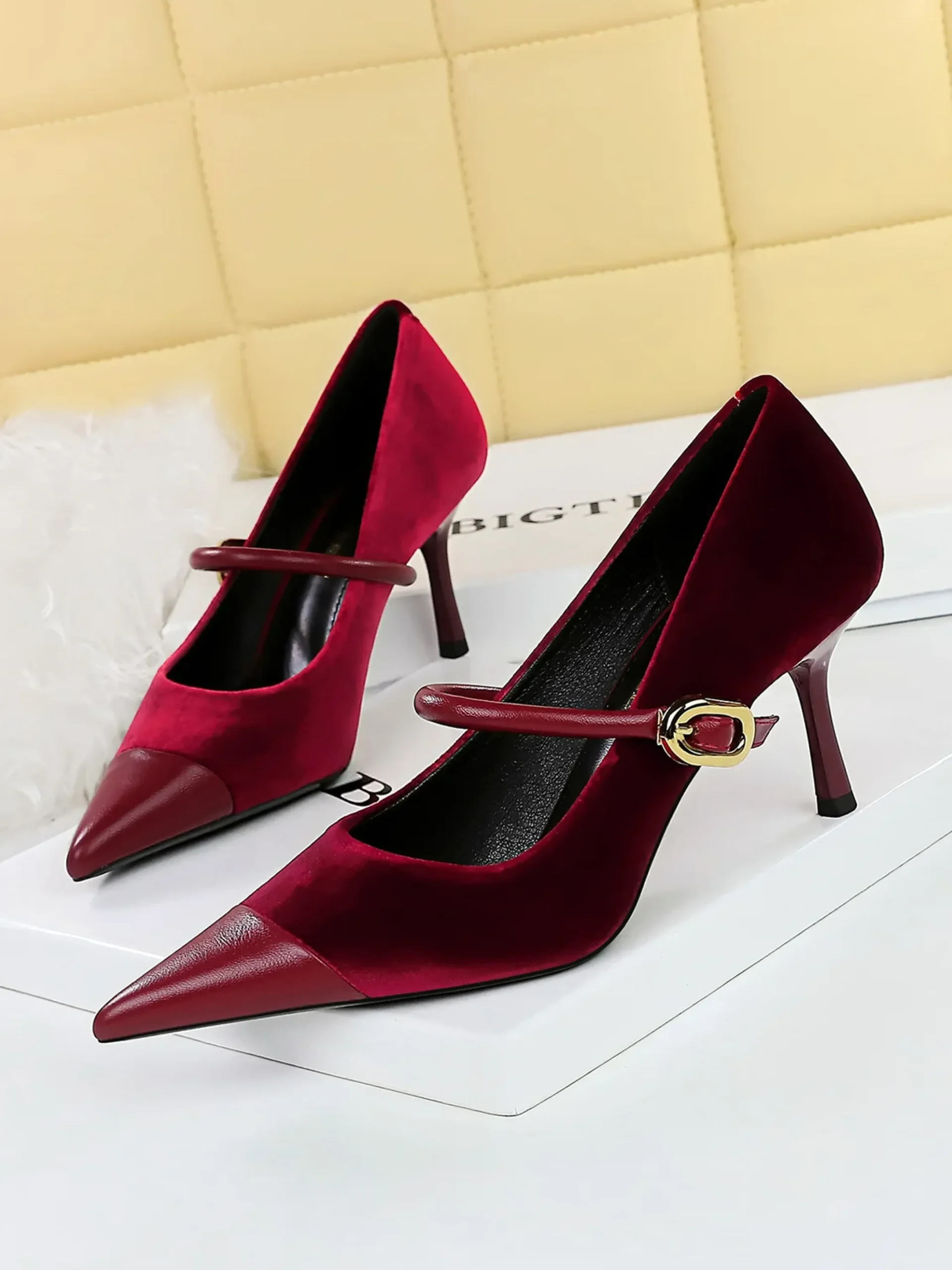 Elegant Velvet Paneled Adjustable Buckle Mary Jane Pumps
