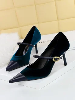 Elegant Velvet Paneled Adjustable Buckle Mary Jane Pumps