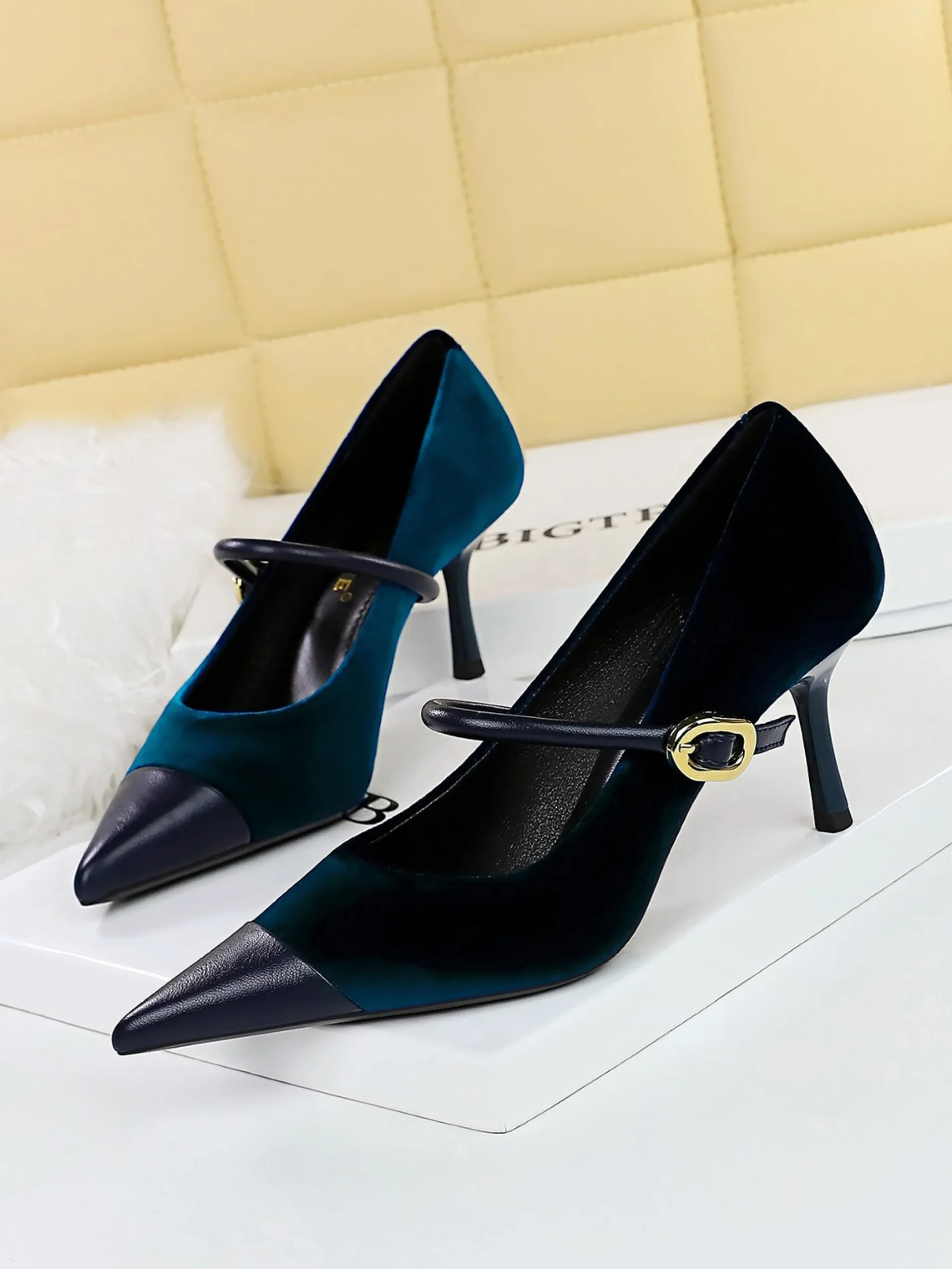 Elegant Velvet Paneled Adjustable Buckle Mary Jane Pumps