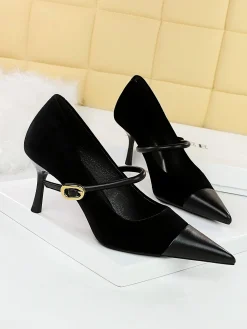 Elegant Velvet Paneled Adjustable Buckle Mary Jane Pumps